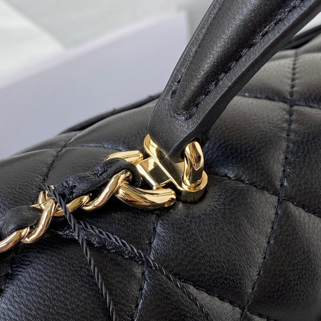 CHANEL 25S MINI FLAP BAG WITH TOP HANDLE 20 IN BLACK CALFSKIN GOLD HARDWARE