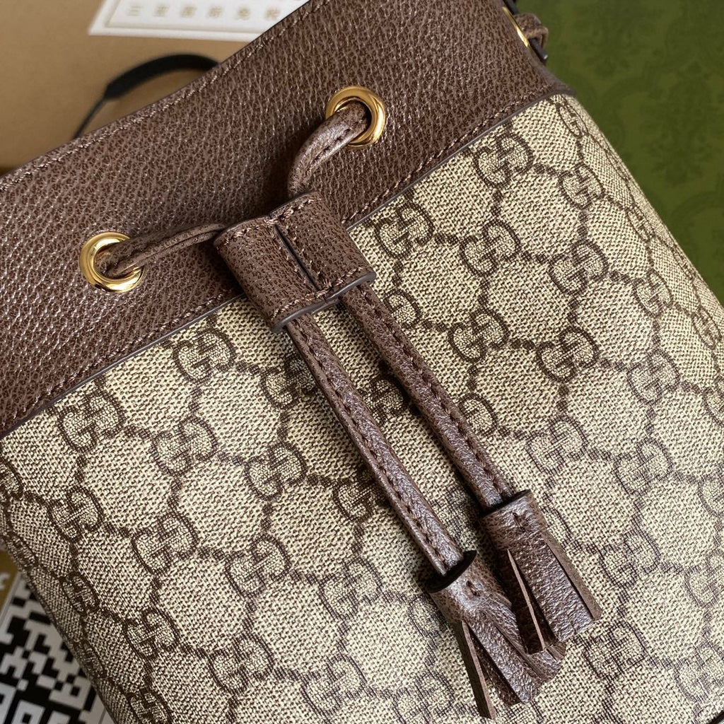 GUCCI OPHIDIA MEDIUM BUCKET BAG 26 WITH WEB IN BEIGE EBONY CANVAS MIX BROWN CALFSKIN