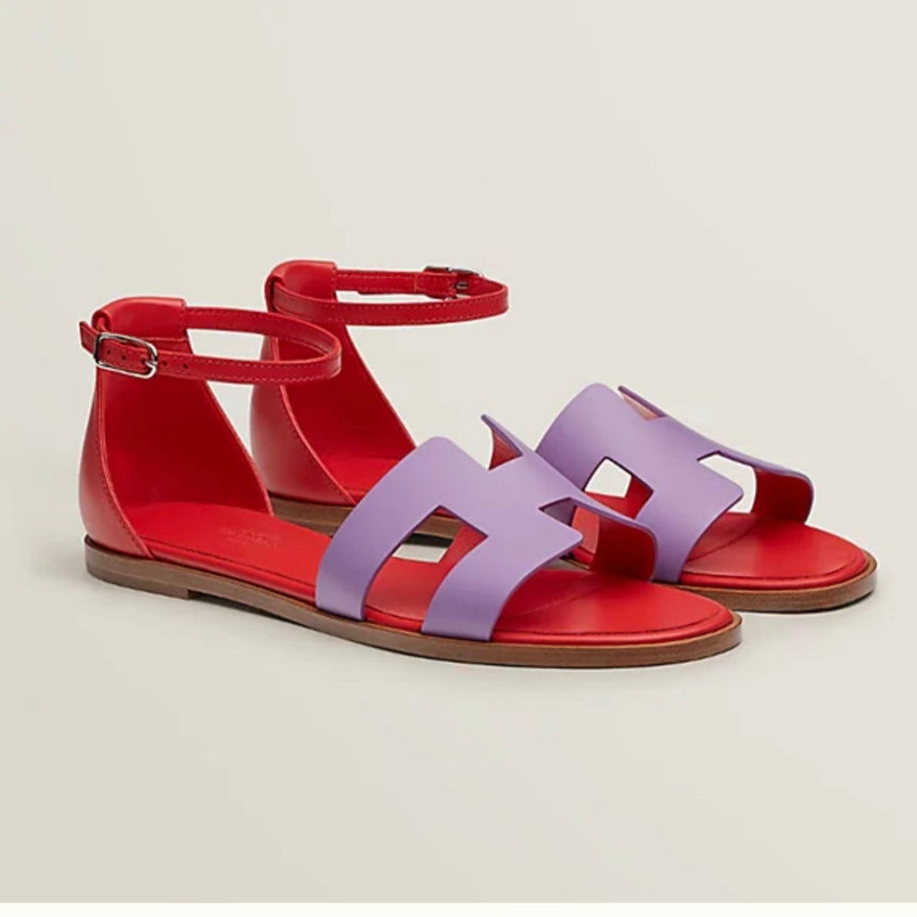 HERMES SANTORINI SANDAL CRIMSON MIX LAVENDER CALFSKIN