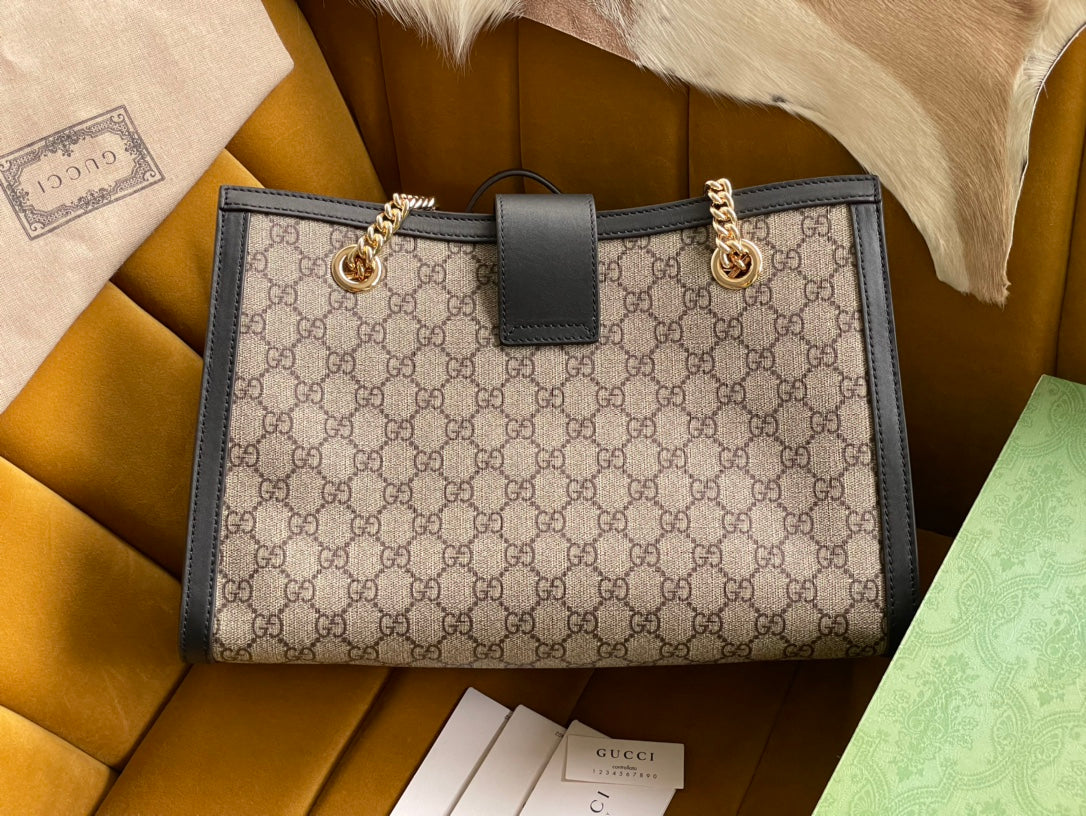 GUCCI PADLOCK LARGE 35 SHOULDER BAG BEIGE CANVAS AND BLACK CALFSKIN