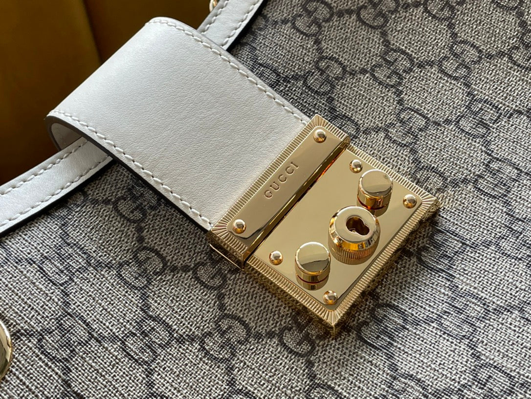 GUCCI PADLOCK LARGE 35 SHOULDER BAG BEIGE CANVAS AND WHITE CALFSKIN