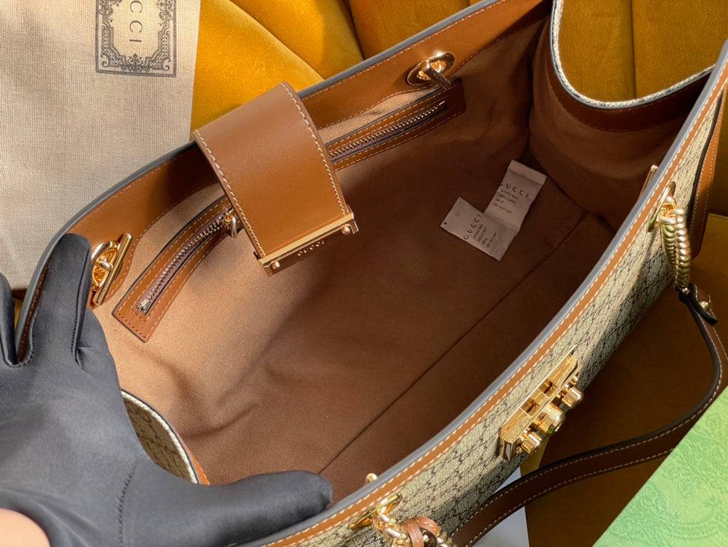 GUCCI PADLOCK LARGE 35 SHOULDER BAG BEIGE CANVAS AND BROWN CALFSKIN