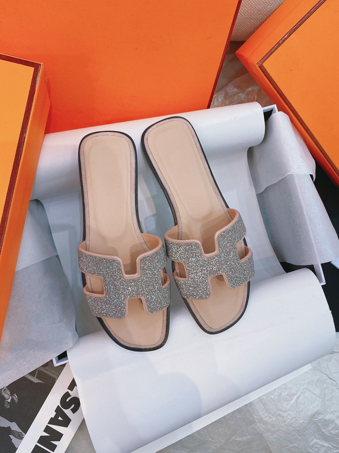 HERMES 0ran Sandal Caviar Light Brown Leather