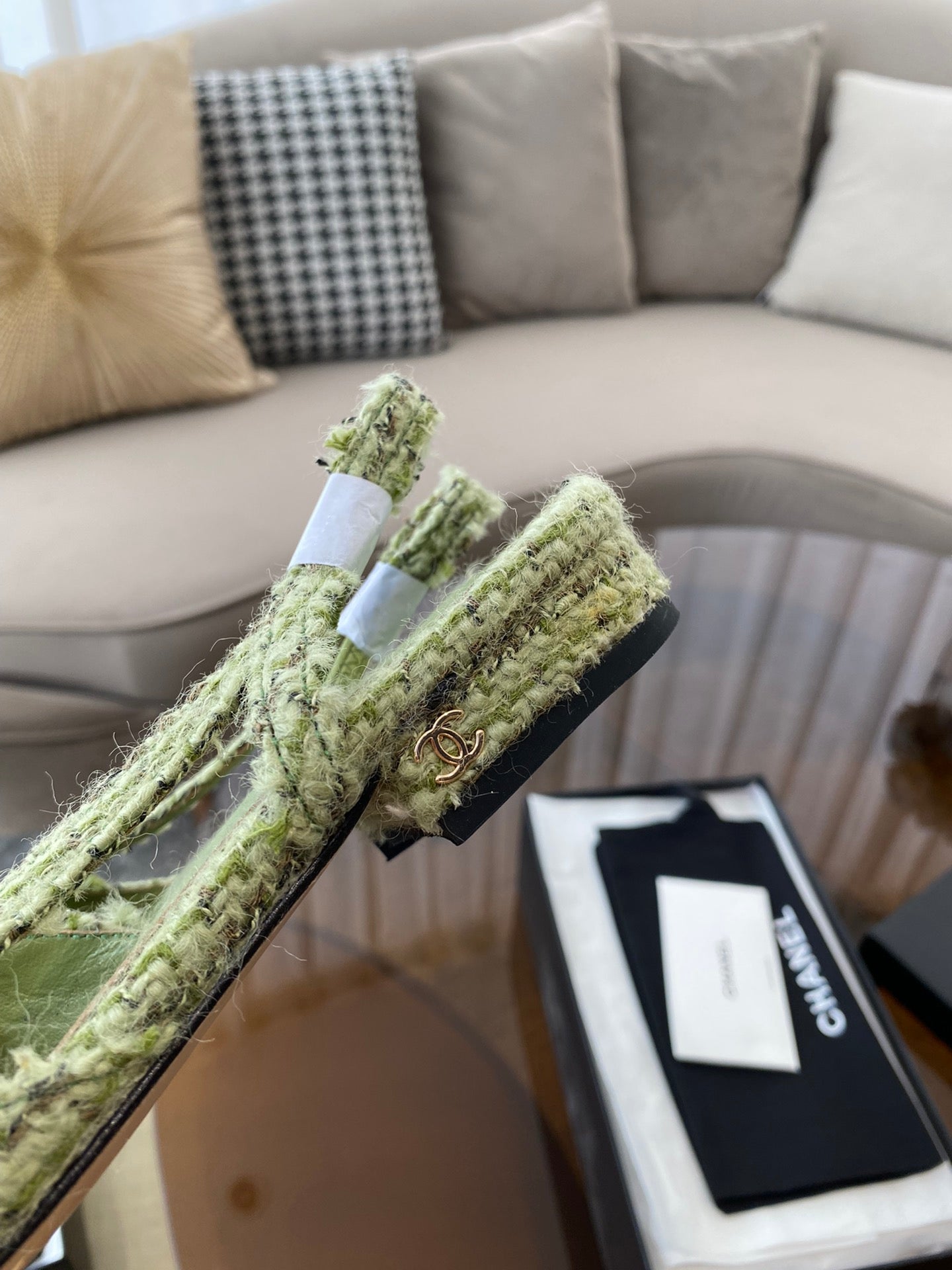 CHANEL SLINGBACKS IN LIGHT GREEN FABRIC AND BLACK CALFSKIN