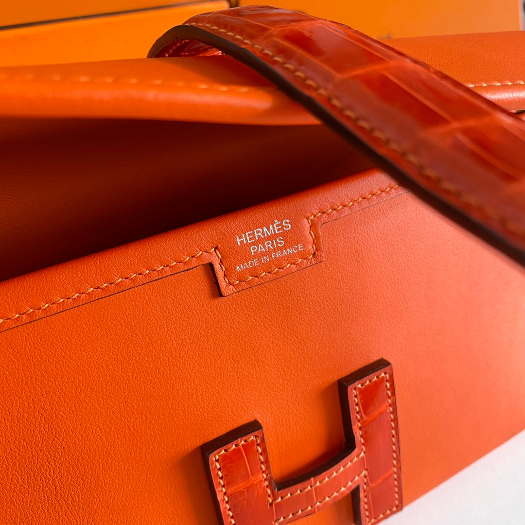 HERMES JIGE ELAN 29 CLUTCH IN BRIGHT ORANGE CALFSKIN WITH LIZARD SKIN