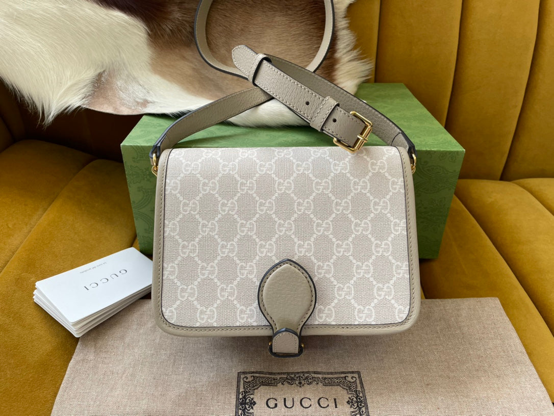 GUCCI MINI CROSSBODY 20 BAG WITH INTERLOCKING G IN BEIGE CANVAS
