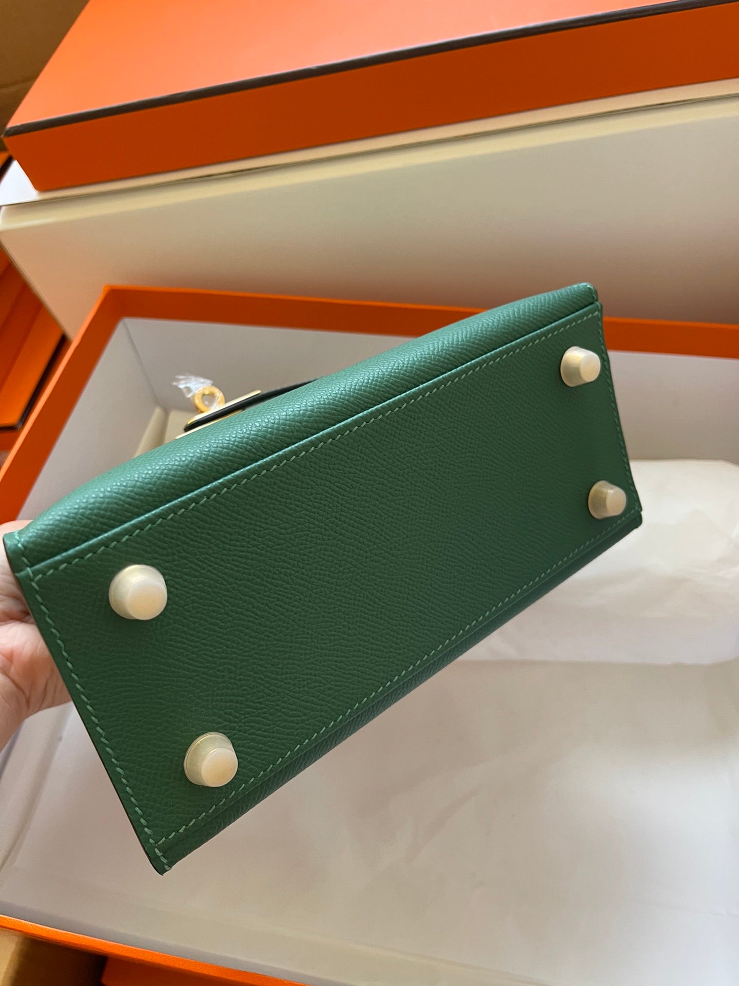 HERMES KELLY MINI 20 BAG IN DARK GREEN CALFSKIN WITH GOLD HARDWARE