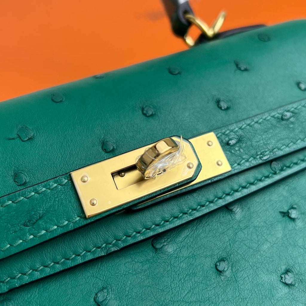 HERMES KELLY BAG 20 IN TEAL GREEN OSTRICH LEATHER WITH GOLD HARDWARE