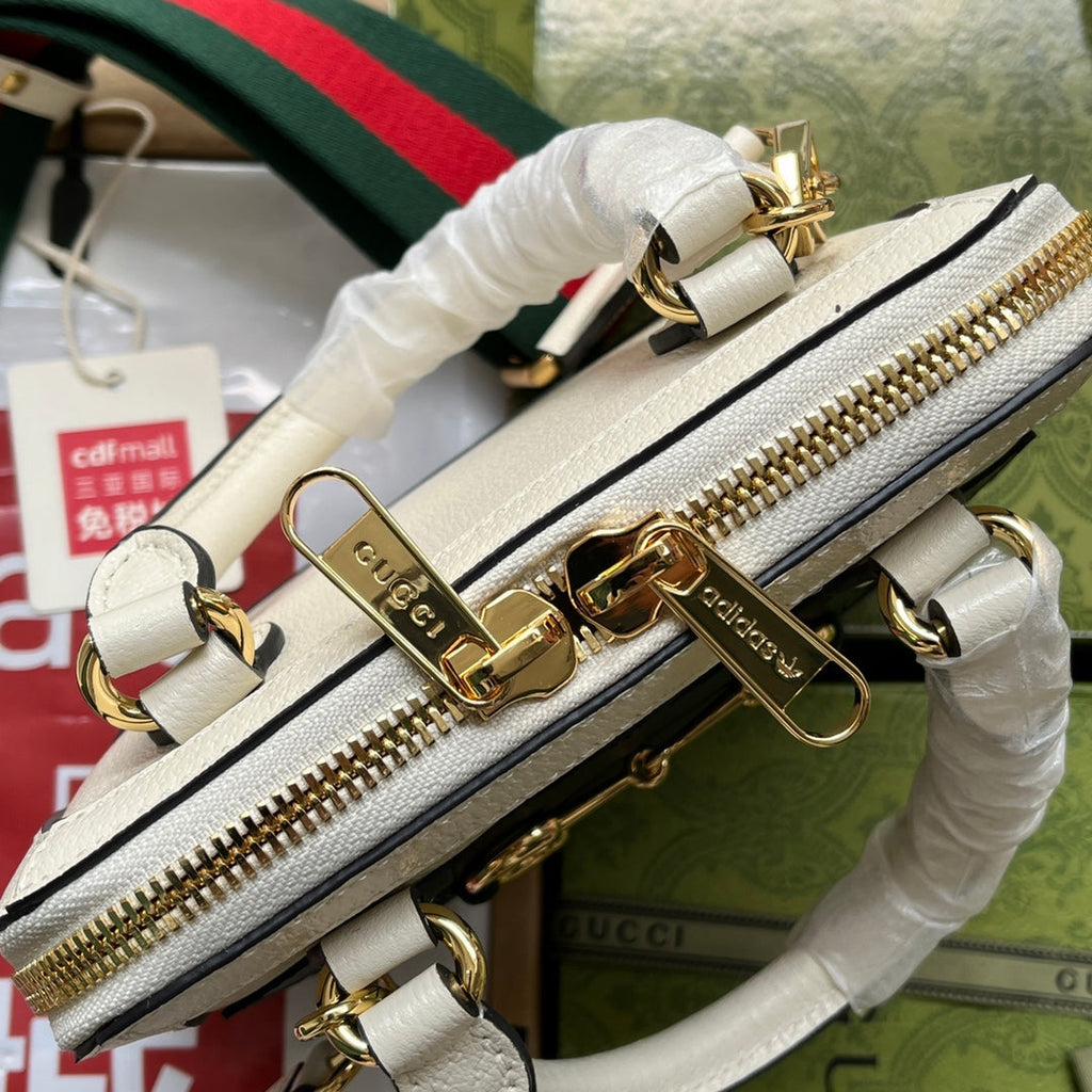 GUCCI xADIDAS HORSEBIT 1955 TOTE BAG 20 WITH WEB STRAP IN WHITE MIX BLACK CALFSKIN GOLD HARDWARE