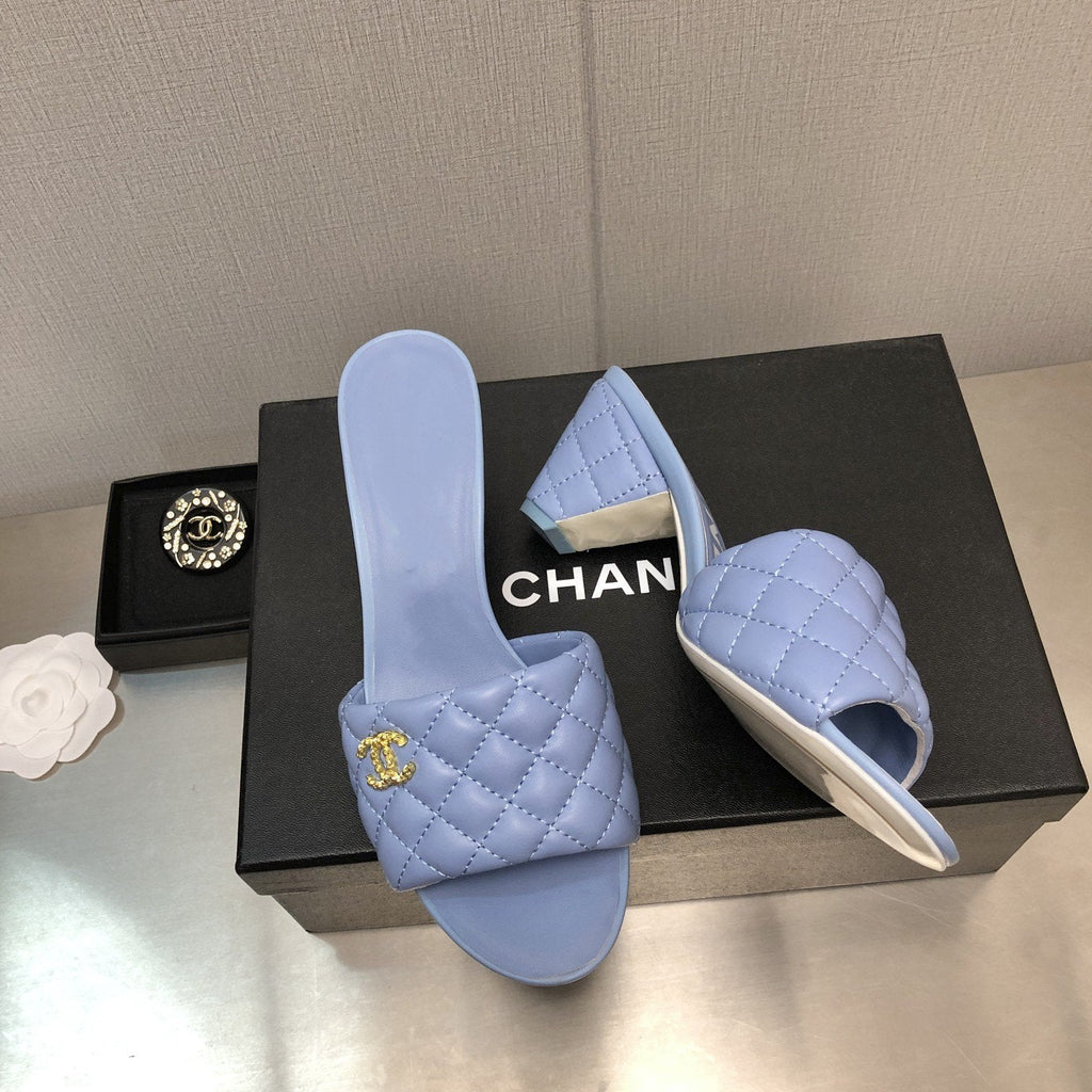 CHANEL rev cone heel mule slide sandal cloud blue quilted lambskin 6cm