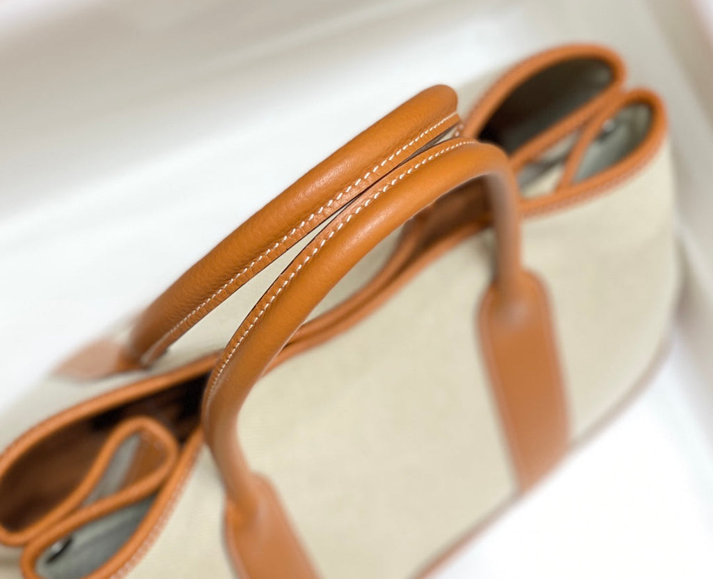HERMES GARDEN PARTY 36CM IN WHITE TOILETS COTTON CANVAS AND BROWN CALFSKIN