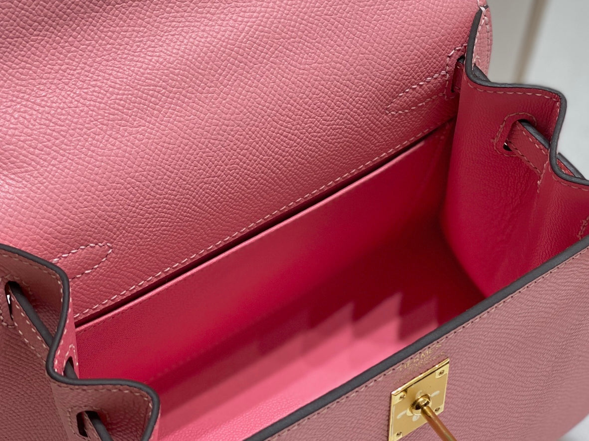 HERMES KELLY MINI 20 BAG IN ROUGE PINK CALFSKIN WITH GOLD HARDWARE