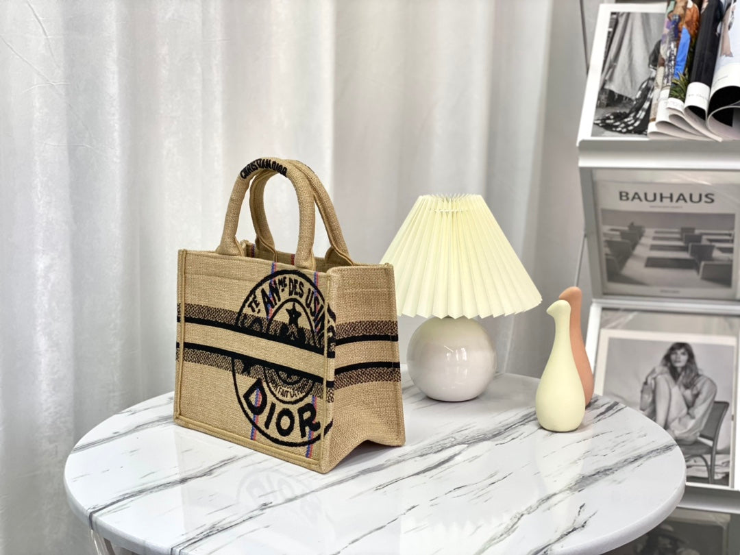 DIOR SHOPPING BAG 26 IN BEIGE AND BLACK EMBROIDERED CANVAS