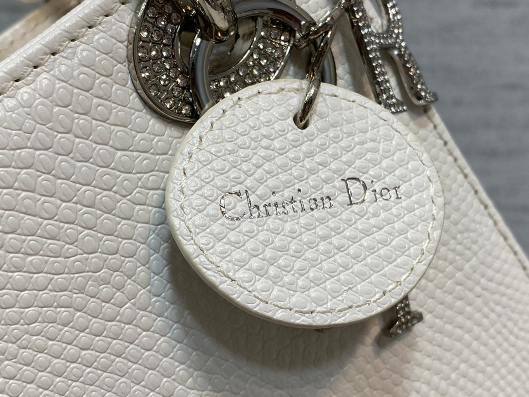 DIOR MINI LADY 17 BAG IN WHITE EMBOSSED LAMBSKIN WITH SILVER CLASP