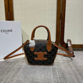 CELINE TOP HANDLE BAG 20 IN BLACK TRIOMPHE CANVAS AND BROWN CALFSKIN