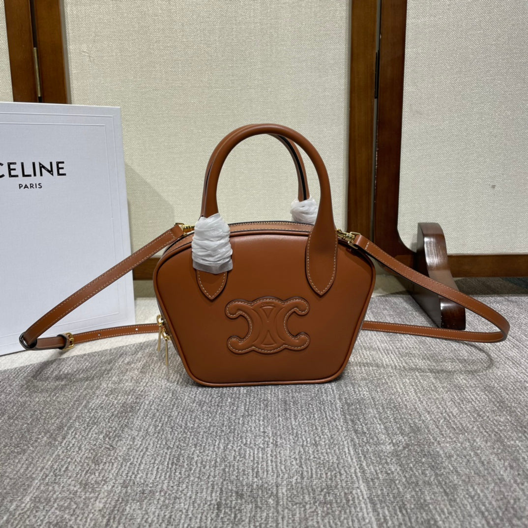 CELINE TRIOMPHE TOP HANDLE BAG 20 IN BRONZE BROWN CALFSKIN