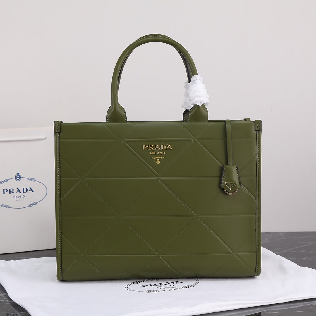 PRADA LARGE 39 TOTE IN OLIVE GREEN CALFSKIN GOLD HARDWARE