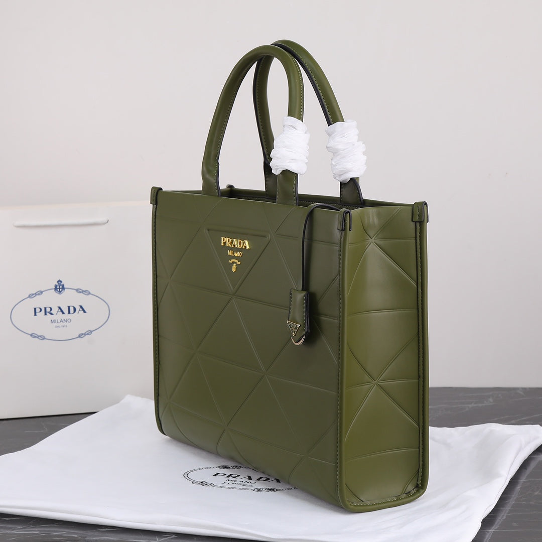 PRADA LARGE 39 TOTE IN OLIVE GREEN CALFSKIN GOLD HARDWARE