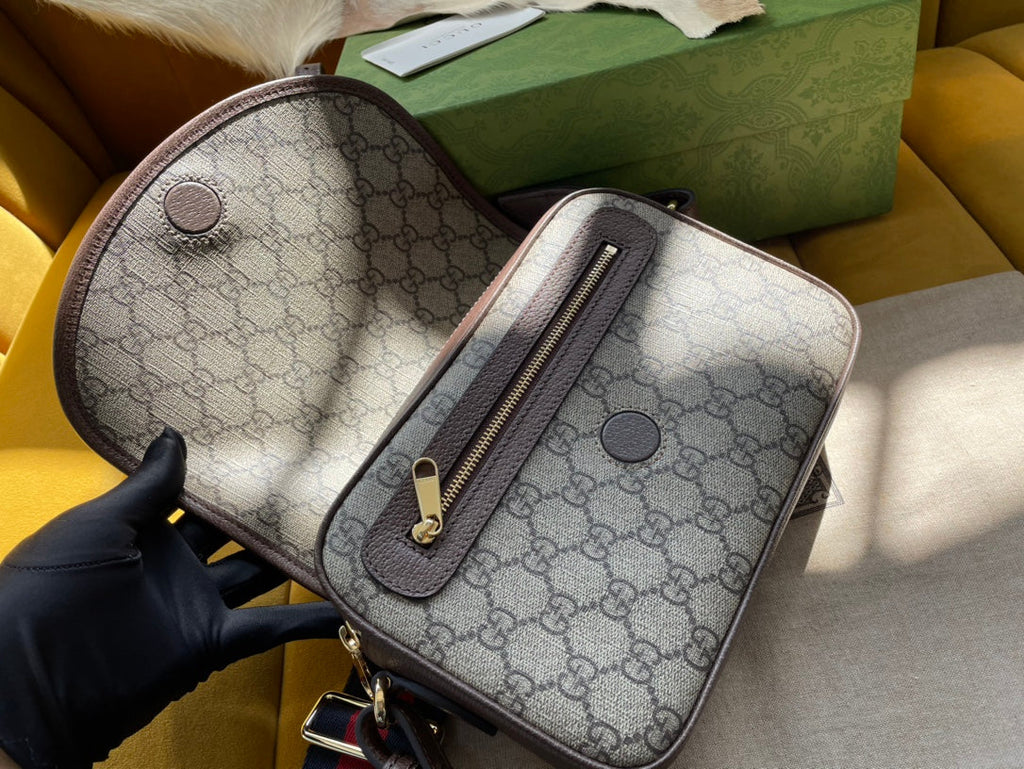 GUCCI OPHIDIA SMALL 23 BAG IN BEIGE AND EBONY SUPREME CANVAS