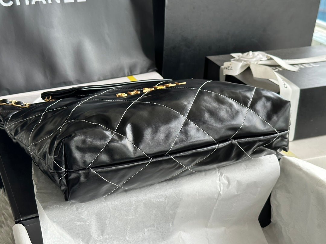 CHANEL LARGE 42 HANDBAG IN BLACK SHINY CALFSKIN GOLD HARDWARE