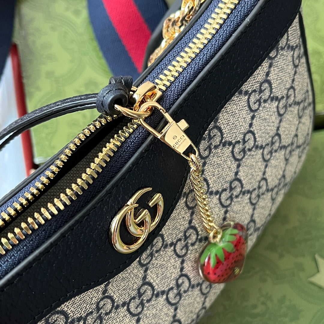 GUCCI OPHIDIA SMALL SHOULDER BAG 25 IN BEIGE CANVAS AND BLACK LAMBSKIN GOLD HARDWARE