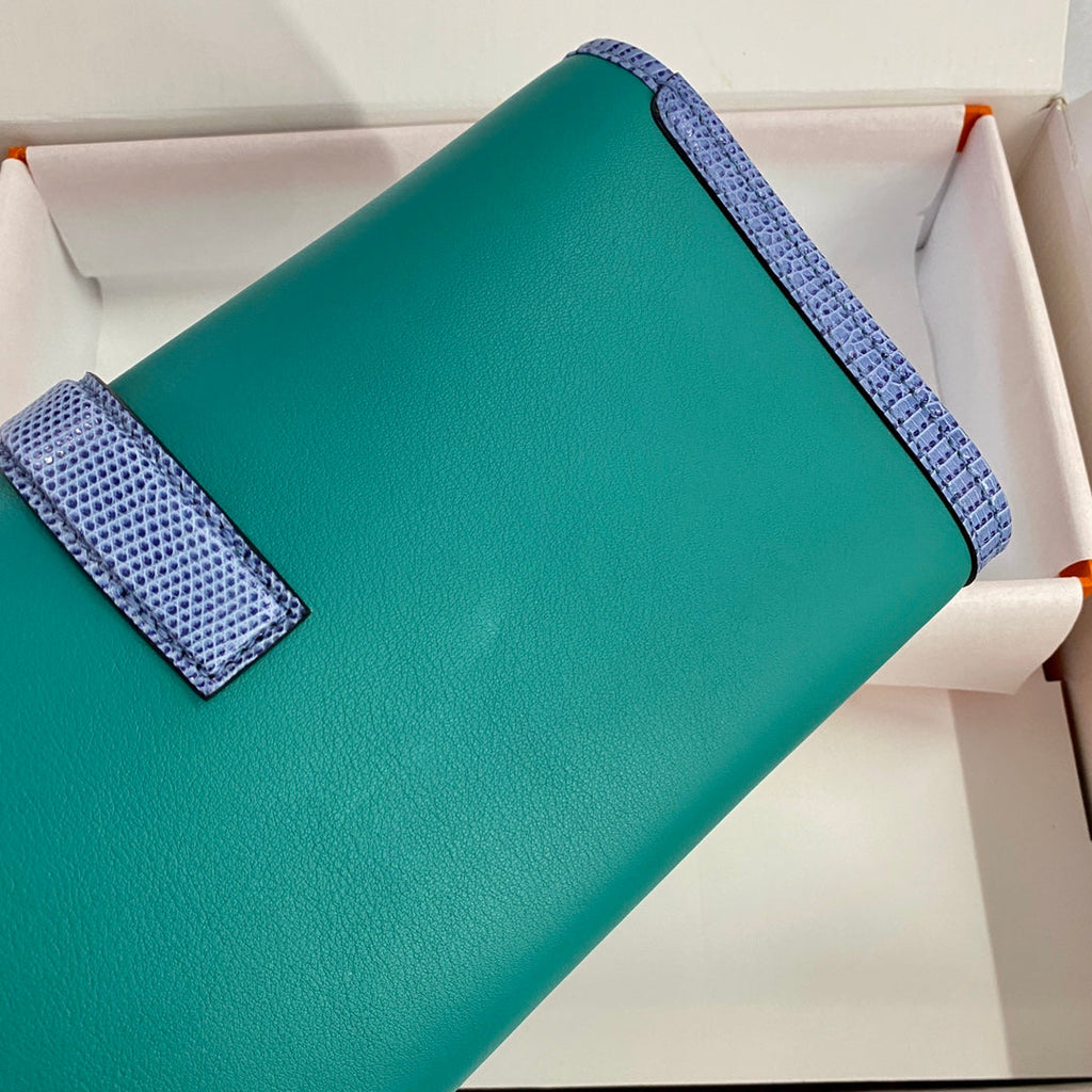 HERMES JIGE ELAN 29 CLUTCH IN TEAL GREEN CALFSKIN WITH ROYAL BLUE LIZARD SKIN