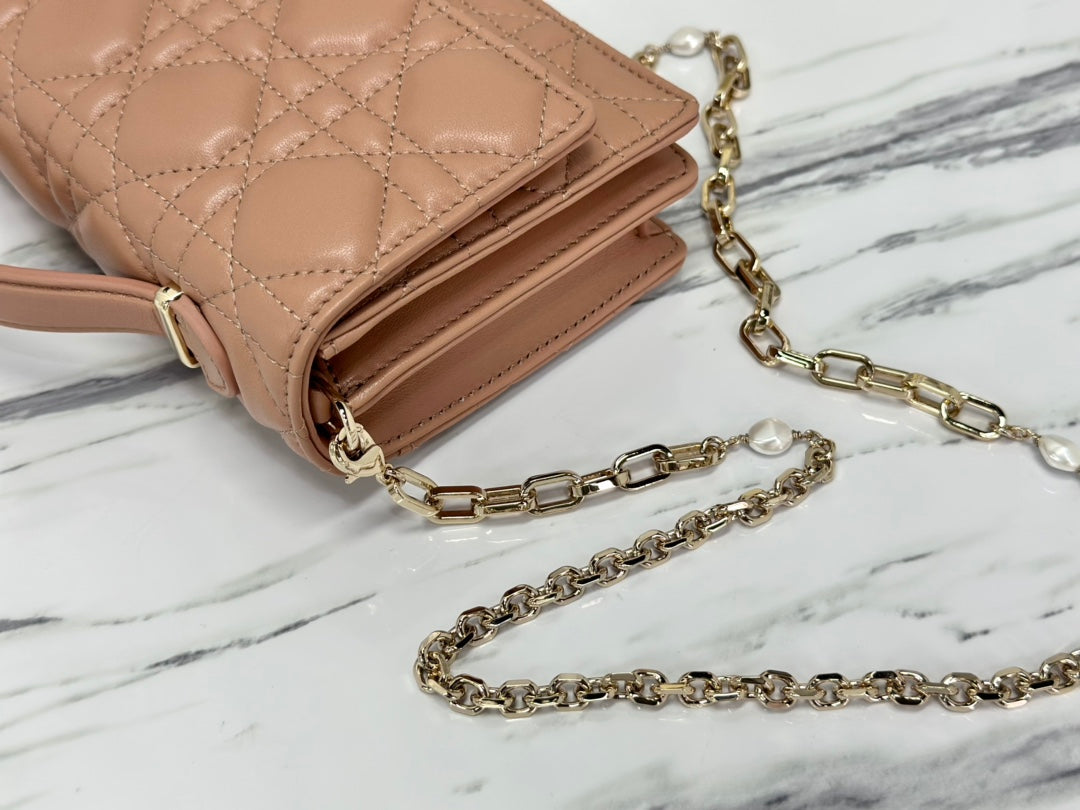 DIOR LADY CHAIN BAG 21 IN ALMOND BEIGE LAMBSKIN