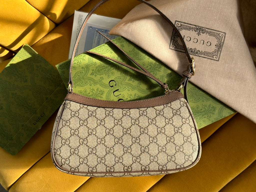GUCCI OPHIDIA  SMALL 25 HANDBAG BEIGE AND EBONY PVC FABRIC