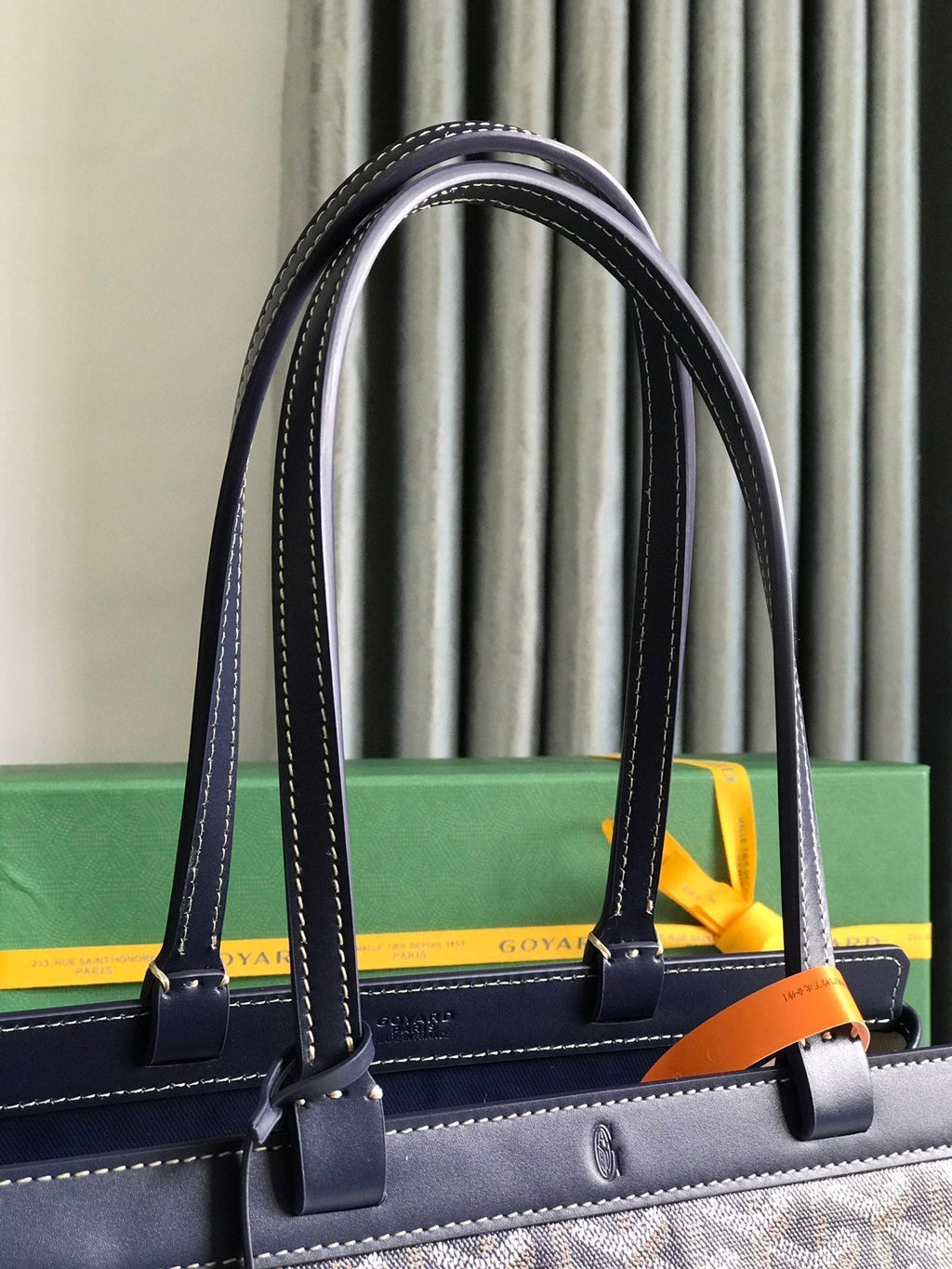 BELLECHASSE BIAUDE PM BAG 36 IN NAVY BLUE GOYARDINE CANVAS AND CALFSKIN TRIM