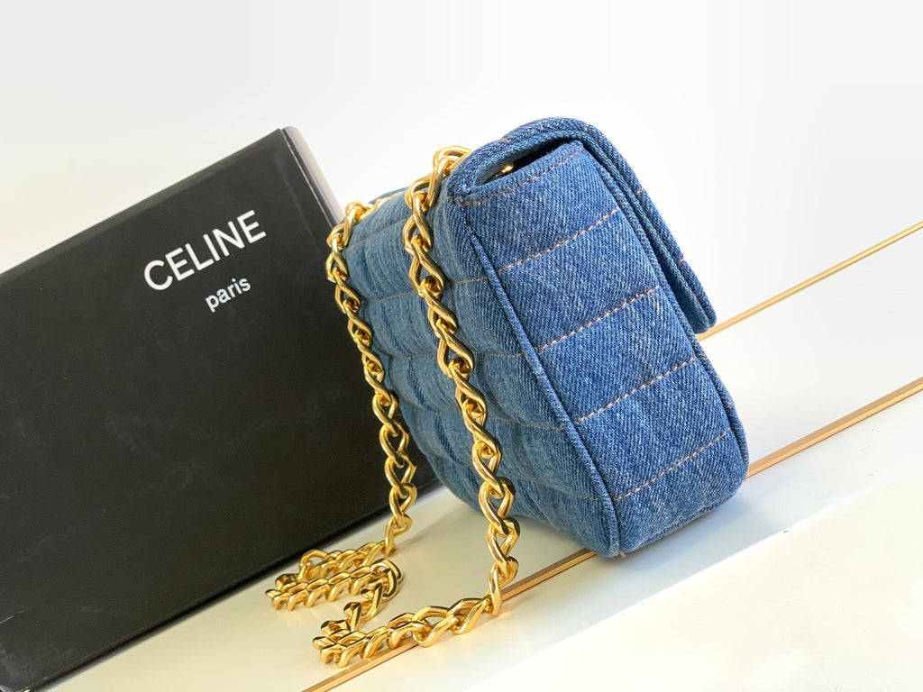 CELINE DENIM LEATHER 24 CHAIN SHOUDER BAG