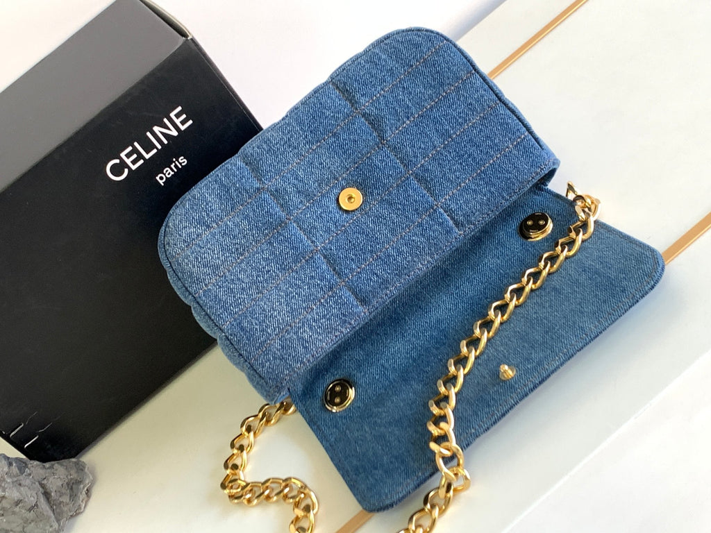 CELINE DENIM LEATHER 24 CHAIN SHOUDER BAG