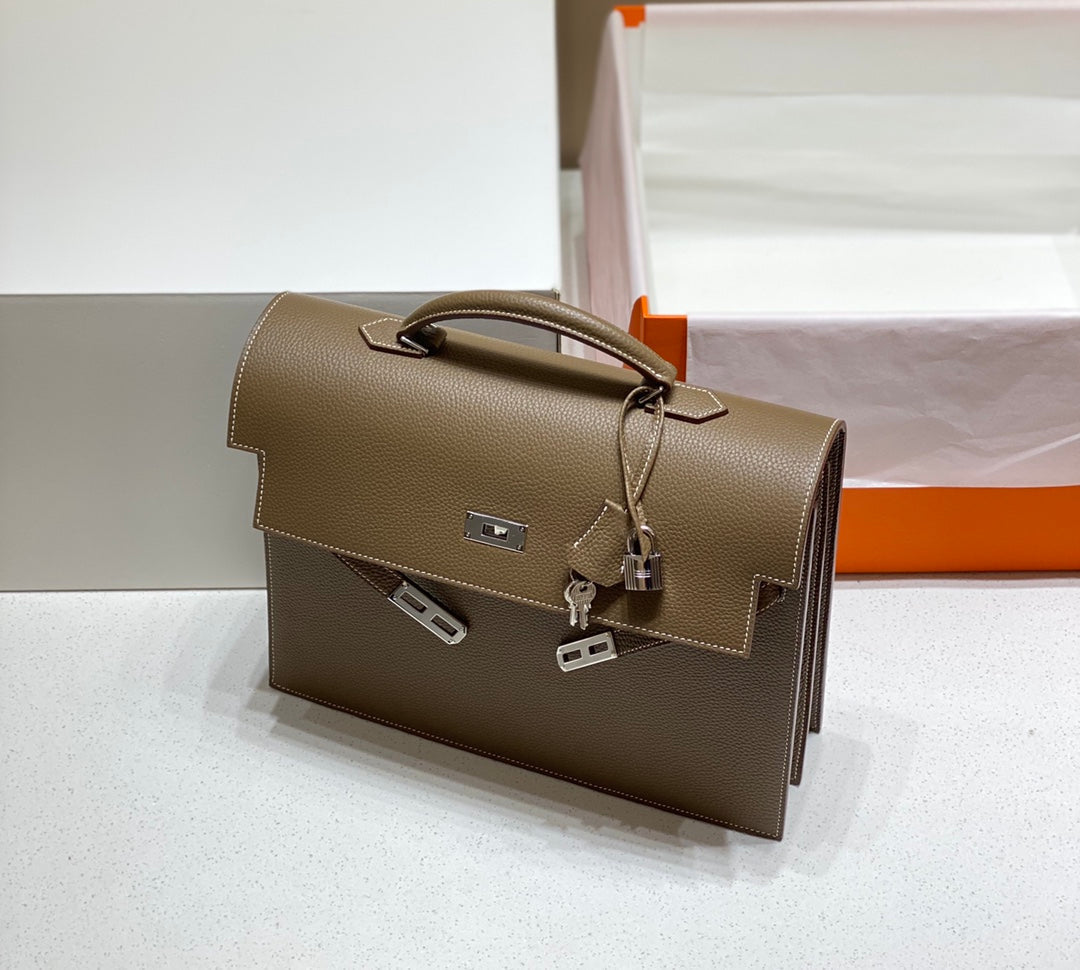HERMES KELLY DEPECHES 34 BRIEFCASE IN ETOUPE TOGO CALFSKIN SILVER HARDWARE