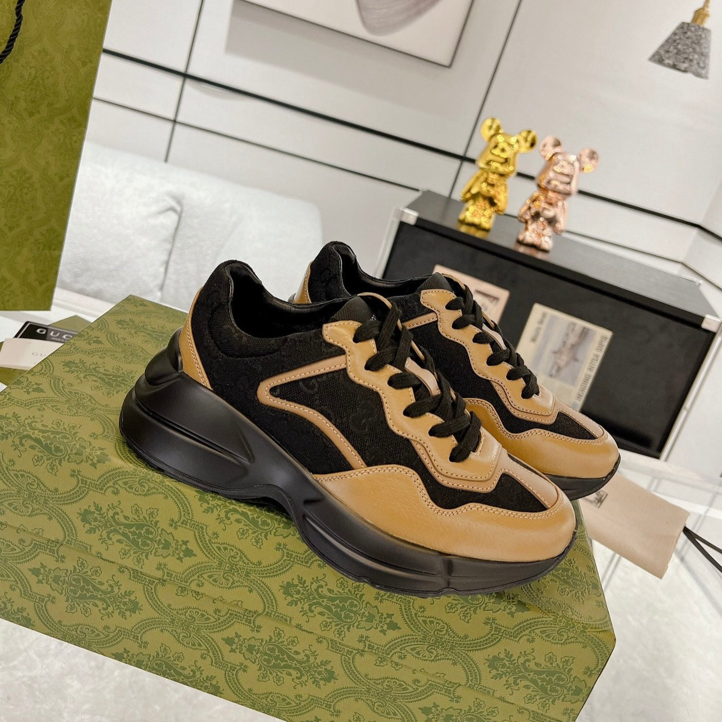GUCCI 100 RHYTON SNEAKER Black Caramel Brown