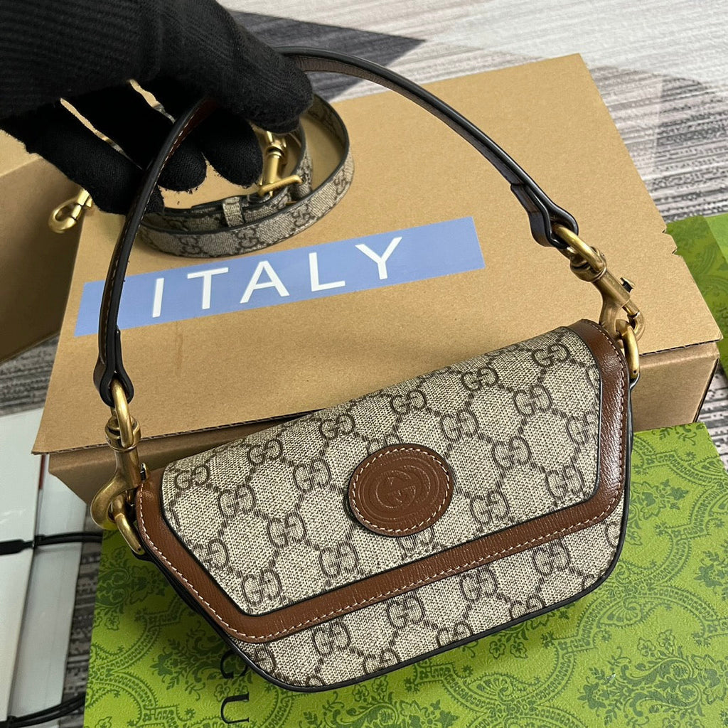 GUCCI MINI 13 HANDBAG IN BEIGE CANVAS AND BROWN CALFSKIN