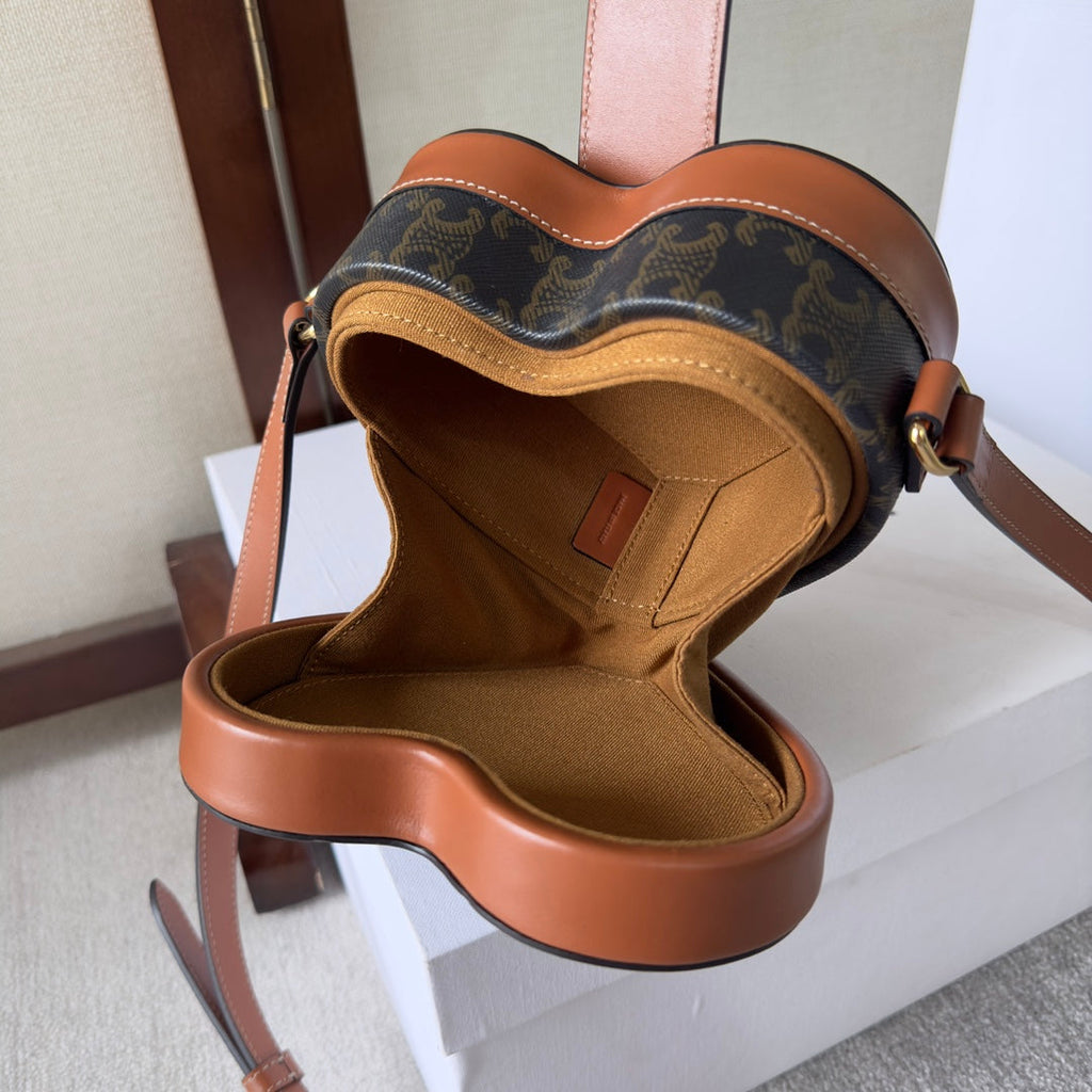 CELINE HEART TAMBOUR BAG 15 IN BLACK TRIOMPHE CANVAS AND BRONZE BROWN CALFSKIN