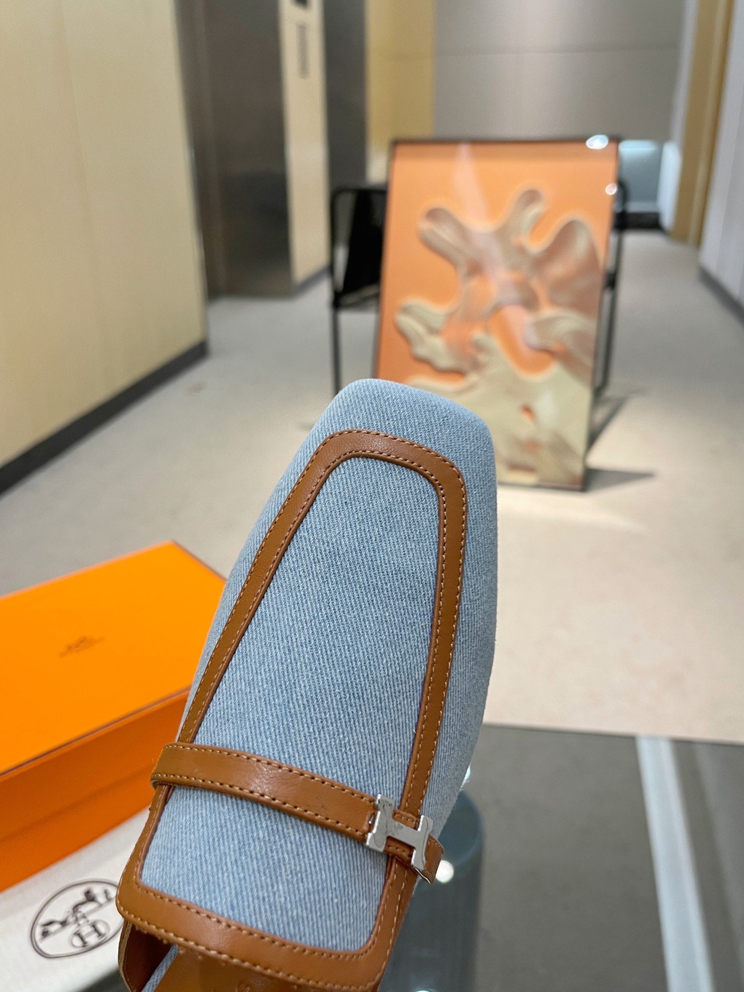 HERMES GROUPIE MULE TAWNY MIX SKY LAMBSKIN