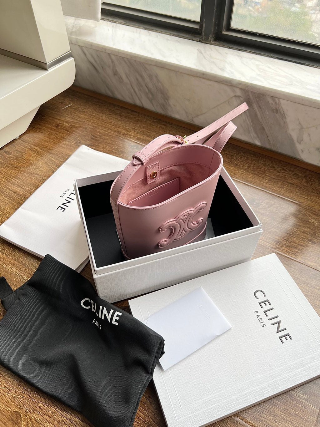CELINE CUIR TRIPHOME 19 PINK PASTEL SMOOTH CALFSKIN BUCKET BAG