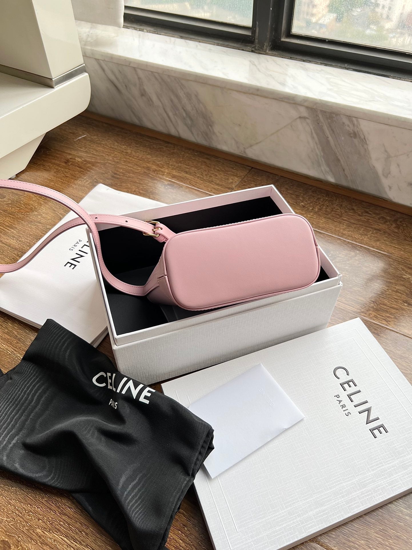 CELINE CUIR TRIPHOME 19 PINK PASTEL SMOOTH CALFSKIN BUCKET BAG