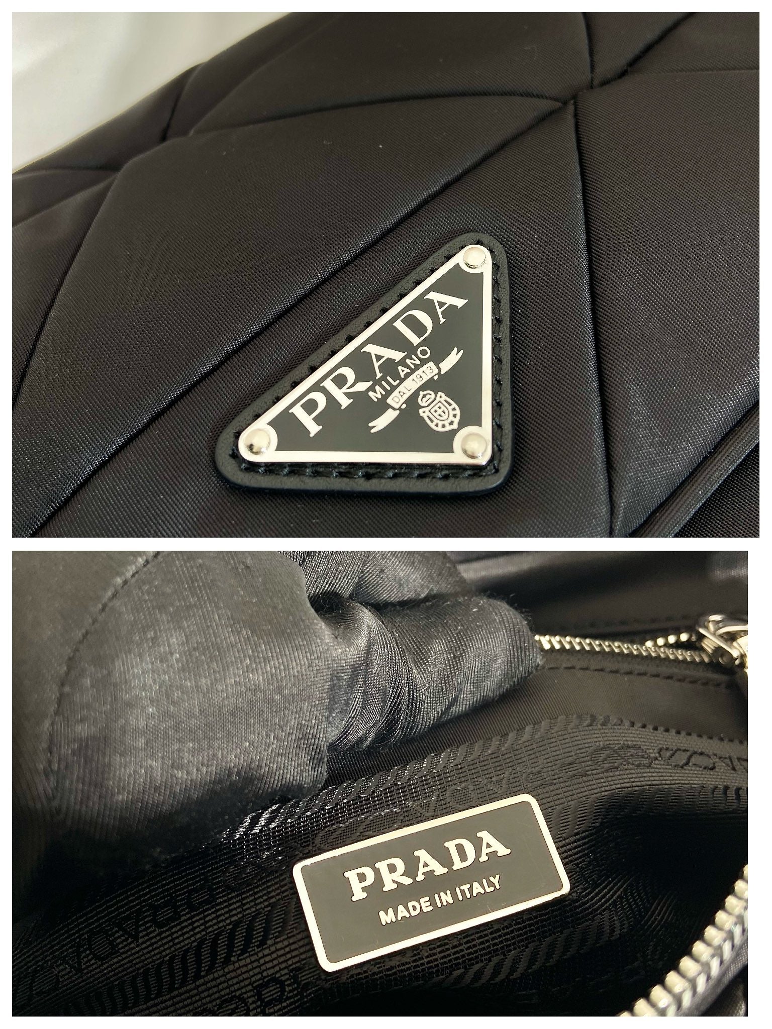 PRADA MEDIUM FLAP BAG 24 IN BLACK TRIANGULAR QUILTED PATTERN RE-NYLON