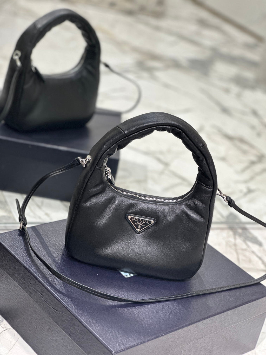 PRADA HOBO BAG 21 IN BLACK SOFT LAMBSKIN