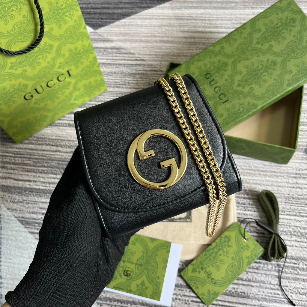 GUCCI BLONDIE INTERLOCK MINI SHOULDER BAG 12 IN BLACK CALFSKIN GOLD CHAIN