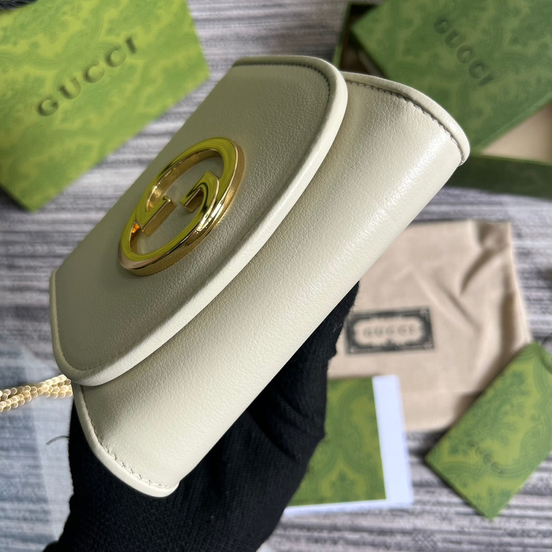 GUCCI BLONDIE INTERLOCK MINI SHOULDER BAG 12 IN WHITE CALFSKIN GOLD CHAIN