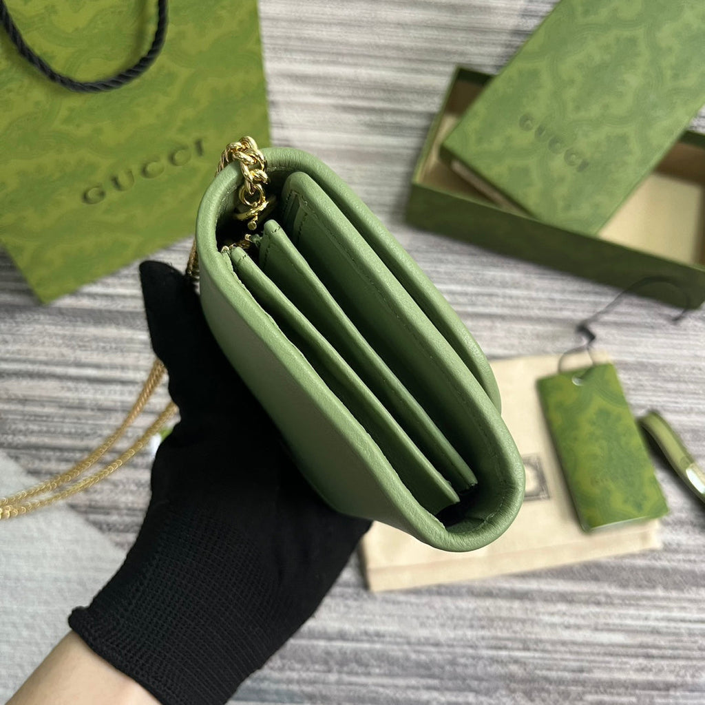 GUCCI BLONDIE INTERLOCK MINI SHOULDER BAG 12 IN GREEN CALFSKIN GOLD CHAIN