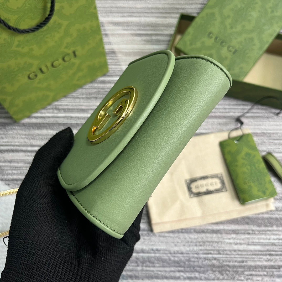 GUCCI BLONDIE INTERLOCK MINI SHOULDER BAG 12 IN GREEN CALFSKIN GOLD CHAIN