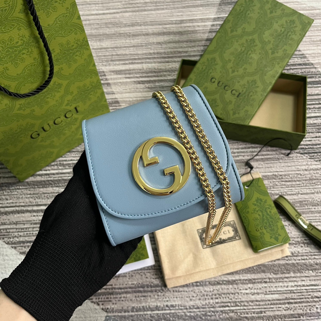 GUCCI BLONDIE INTERLOCK MINI SHOULDER BAG 12 IN SKY BLUE CALFSKIN GOLD CHAIN