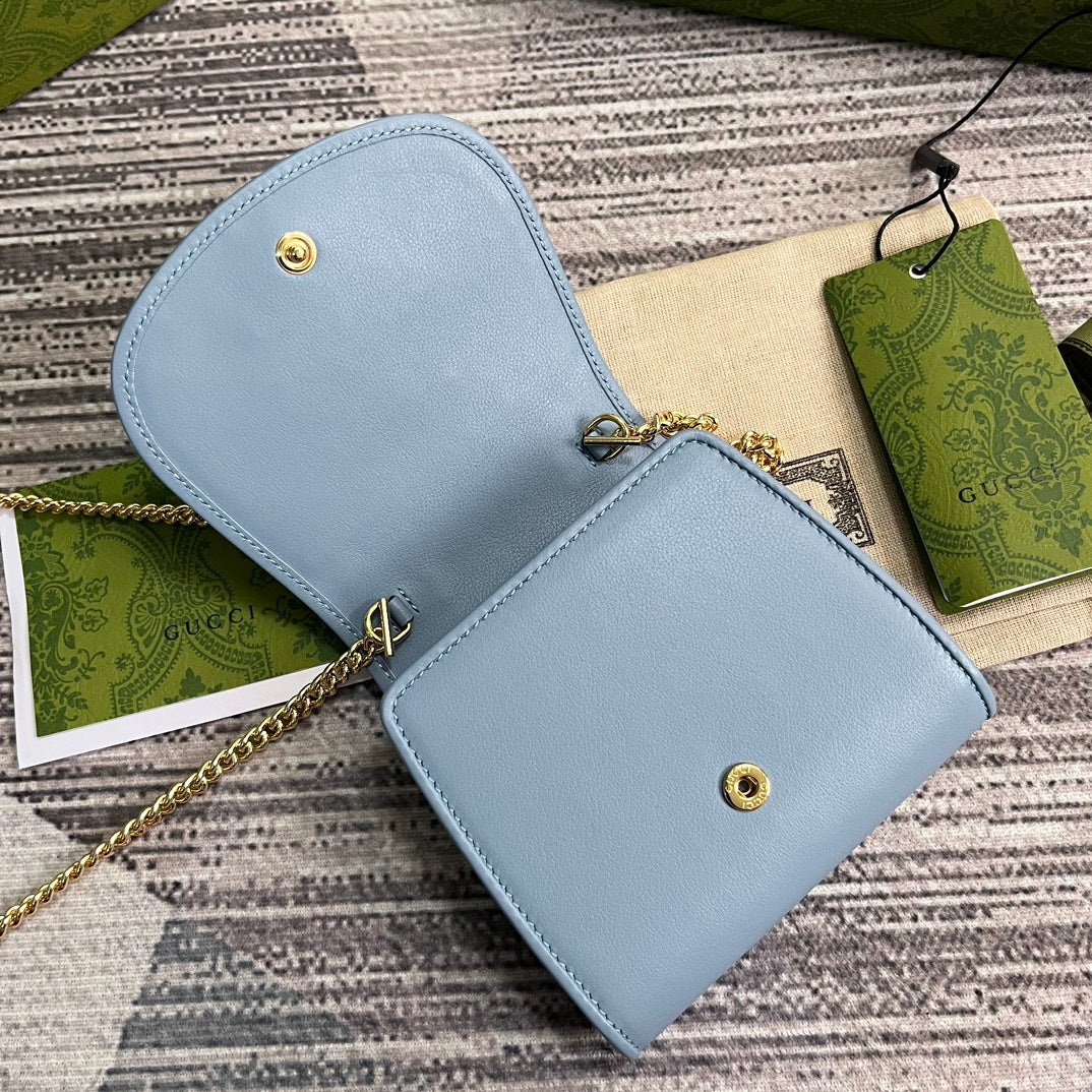 GUCCI BLONDIE INTERLOCK MINI SHOULDER BAG 12 IN SKY BLUE CALFSKIN GOLD CHAIN