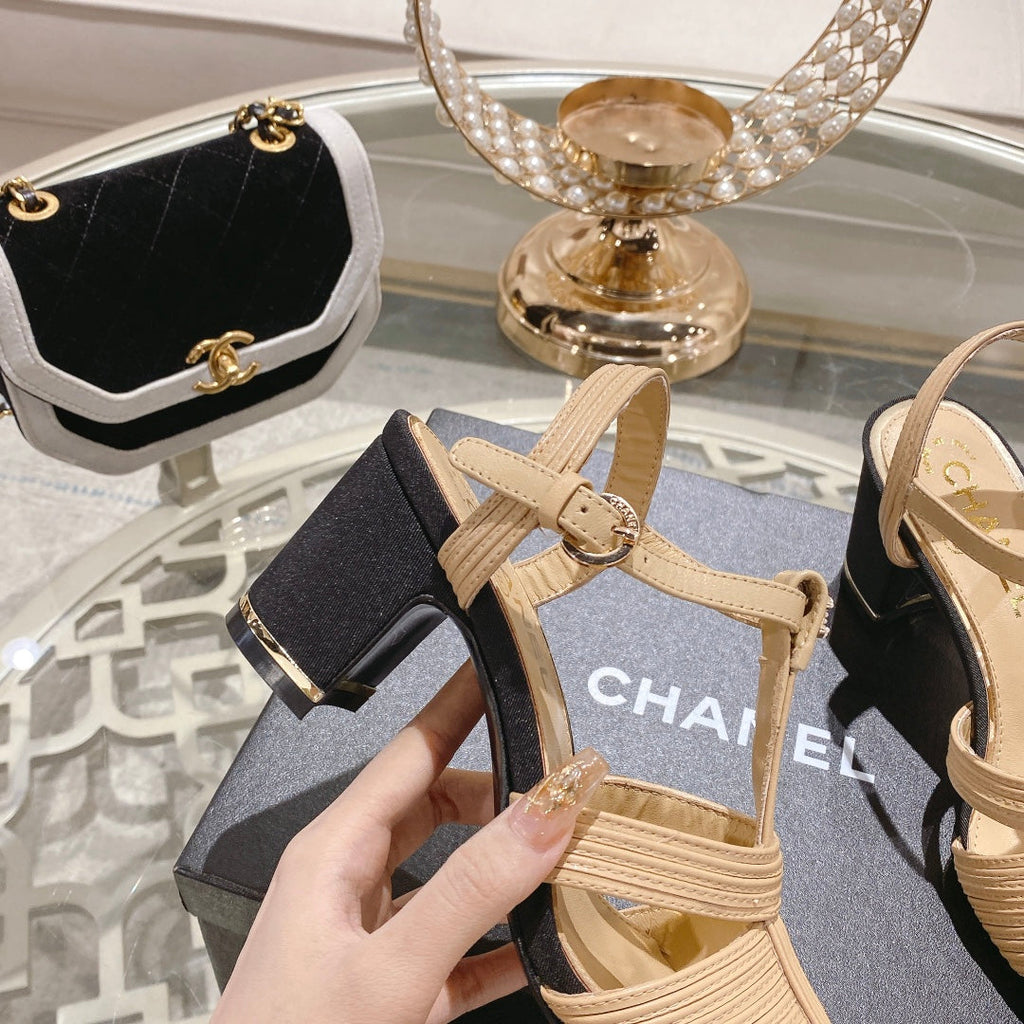 CHANEL Double C  Heeled Sandals Tan Cream Lambskin