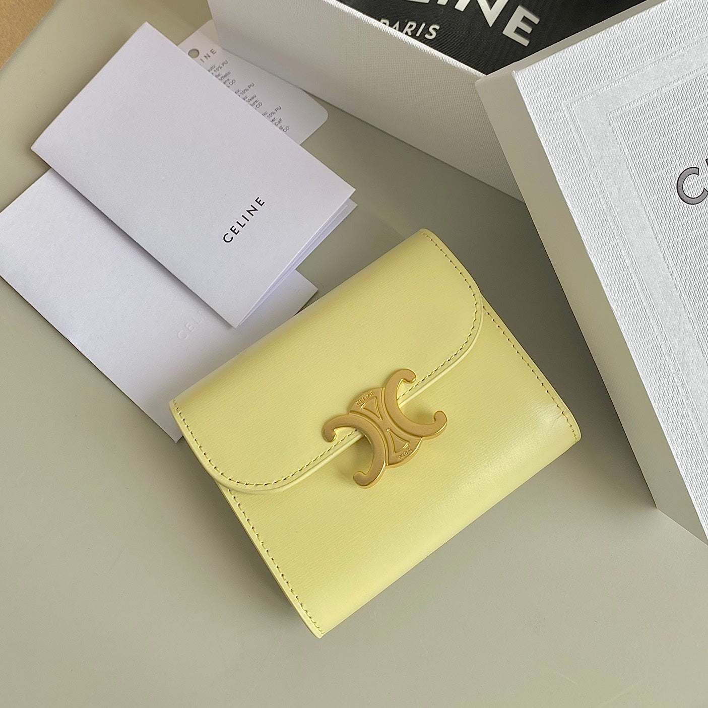 CELINE TRIPHOME 10 TRIFOLD WALLET CALFSKIN YELLOW PASTEL