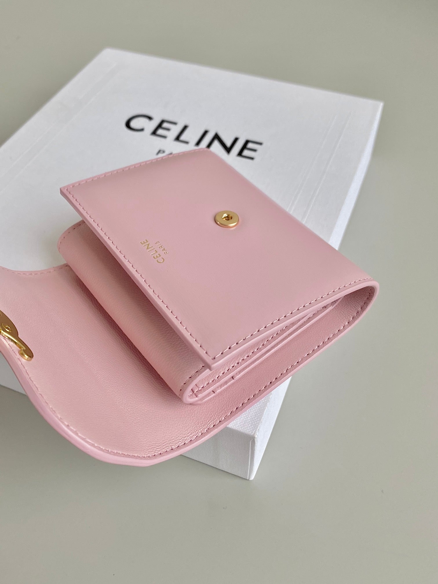 CELINE TRIPHOME 10 TRIFOLD WALLET CALFSKIN PINK PASTEL