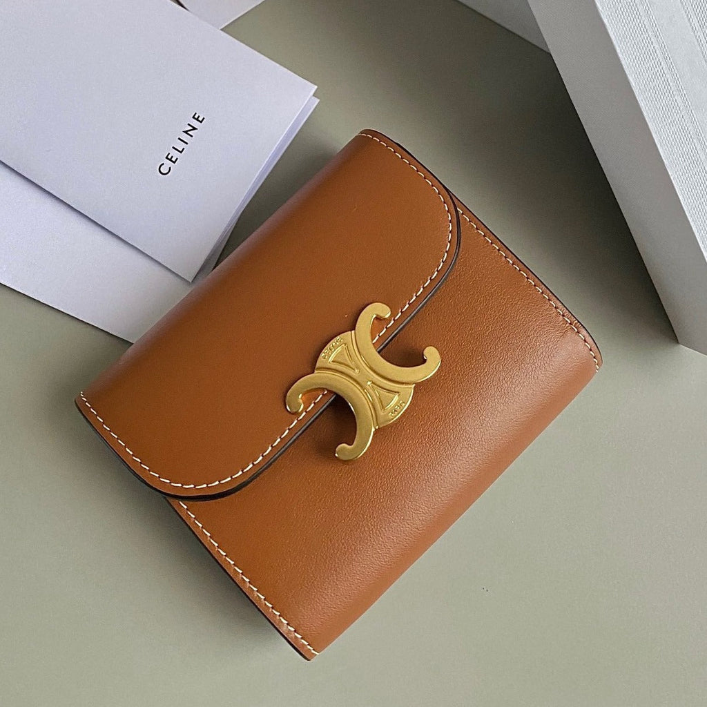 CELINE TRIPHOME 10 TRIFOLD WALLET CALFSKIN CINNAMON BROWN